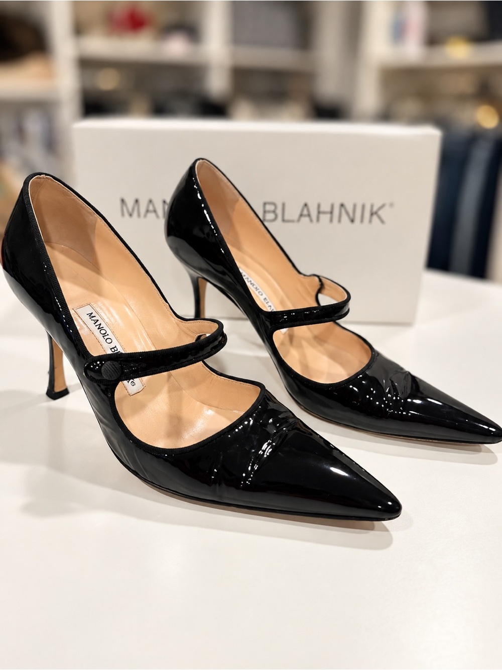 Manolo Blahnik Black Patent Mary Jane Pointed-Toe Pumps